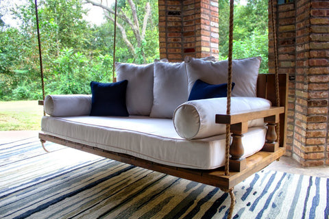 Maisie Wood Porch Swing Bed Daybed, Twin Size, in Harvest Wheat Finish. Pictured with our Sketched Indoor / Outdoor Rug.