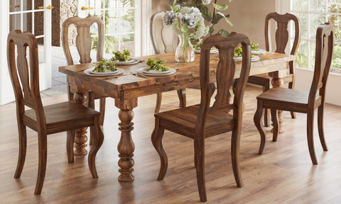 Pictured at 7’ L x 37" W in Tuscany Finish. Pictured with <a href="/products/the-olive">Olive Dining Chairs</a> in Tuscany Finish and <a href="/products/encore-chandelier">Encore Chandelier</a>.