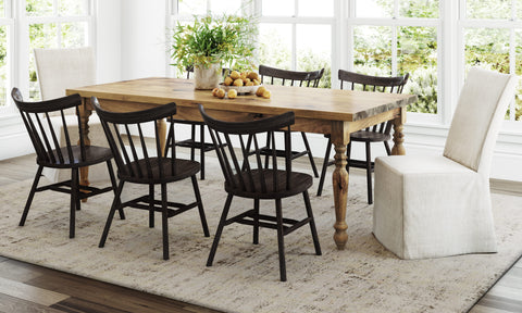 Pictured at 7' L X 37" W in Harvest Wheat Finish. Pictured with our <a href="/products/rustic-windsor-dining-chair">Rustic Windsor Chairs</a> in Charred Ember Finish. Also pictured with the <a href="/products/brady-slipcover-chair">Brady Slipcover Chairs</a>, <a href="/products/arvo">Arvo Rug</a>, and the <a href="/products/allston-chandelier">4 Light Allston Chandelier</a>.