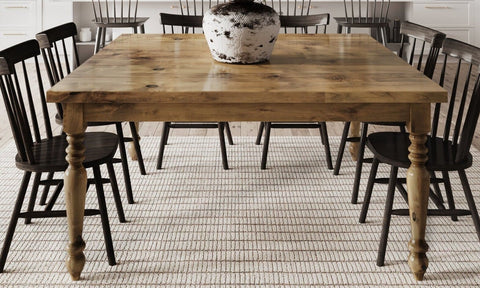 Pictured at 60" in Harvest Wheat Finish. Pictured with our <a href="/products/craftsman-weave">Craftsman Weave Rug</a> and <a href="/products/rustic-windsor-dining-chair">Rustic Windsor Dining Chairs</a> in Charred Ember Finish.