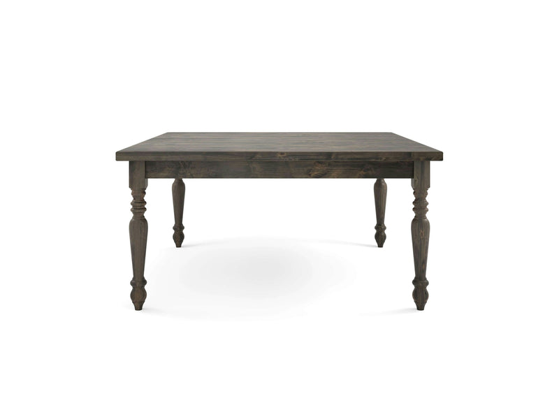 A French Country Square Dining Table - Deep Grey by James+James, featuring a rich dark finish and four ornately carved legs. The table boasts a classic design with a smooth surface and is set against a plain white background.