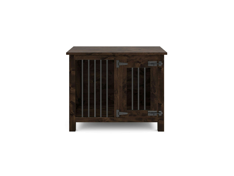 The Single Dog Kennel - Tobacco by James+James is a wooden pet crate featuring metal bars on the front and sides, along with a hinged door secured by metal latch closures. Crafted from dark-stained wood, this versatile crate also has a flat top that can be used as a small table or storage surface.