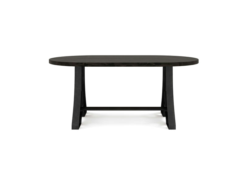 The Wishbone Oval Dining Table - Charred Ember by James+James is a black, oval-shaped wooden table with a smooth surface and sturdy legs. It features a simple, modern design with a horizontal support beam connecting the legs and is set against a white background.