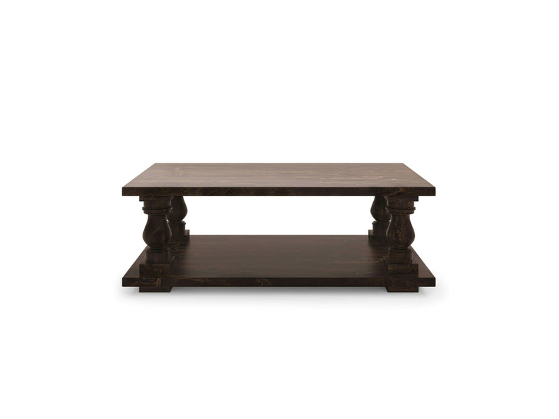 The Vivien Coffee Table - Tobacco by James+James features a dark wooden square top and four robust legs connecting to a lower shelf. Its design is simple and functional, boasting a solid build with a classic finish.