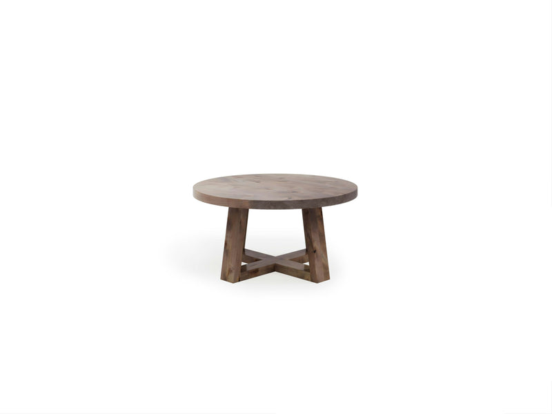 The Rae Coffee Table - Barn Wood by James+James, featuring a round wooden tabletop and an intersecting X-shaped base, is placed against a plain white background.