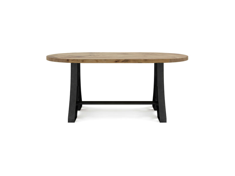 The Wishbone Oval Dining Table - Harvest Wheat by James+James features a light brown tabletop and a sturdy black metal base with sleek, interconnected legs, set against a white background.