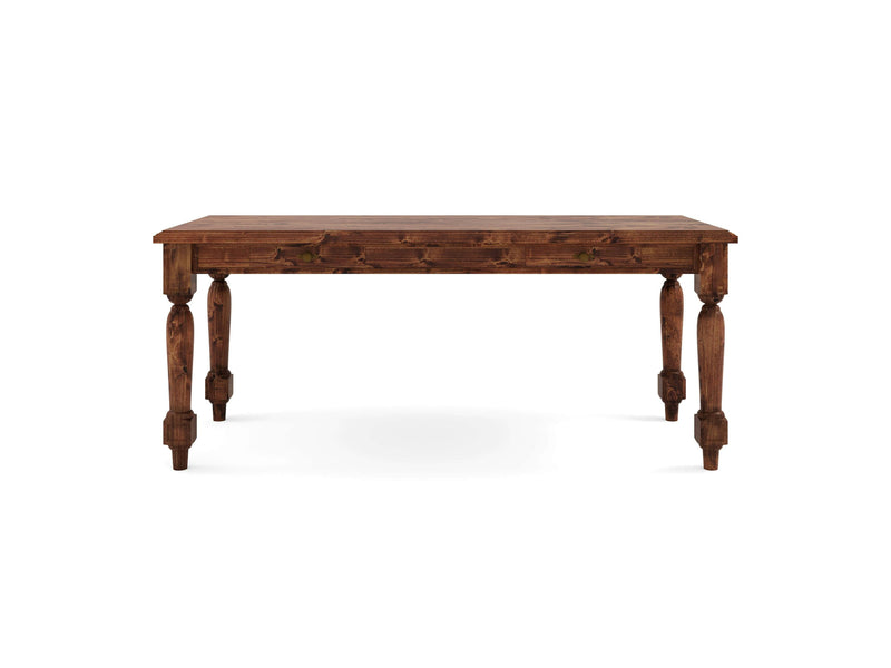 The Rosemary Desk - Tuscany from James+James features a rustic wooden design with a rectangular top and intricately carved turned legs. Made of dark brown wood, this desk showcases a classic, vintage aesthetic against a plain white background.