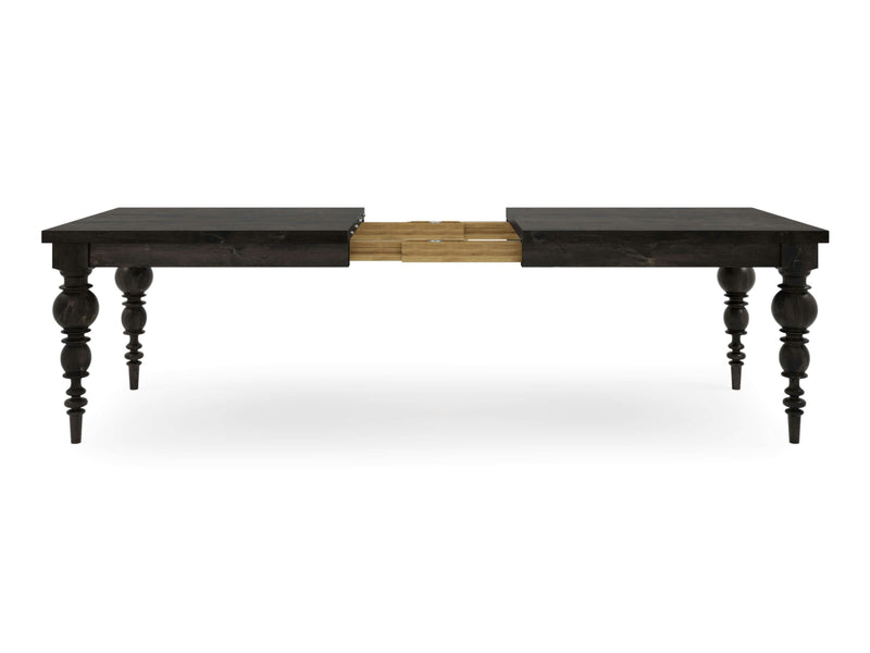 The Bailey Expandable Dining Table - Charred Ember by James+James features intricate, turned legs and an extendable middle section with additional wooden slats for lengthening. It is elegantly displayed against a white background.