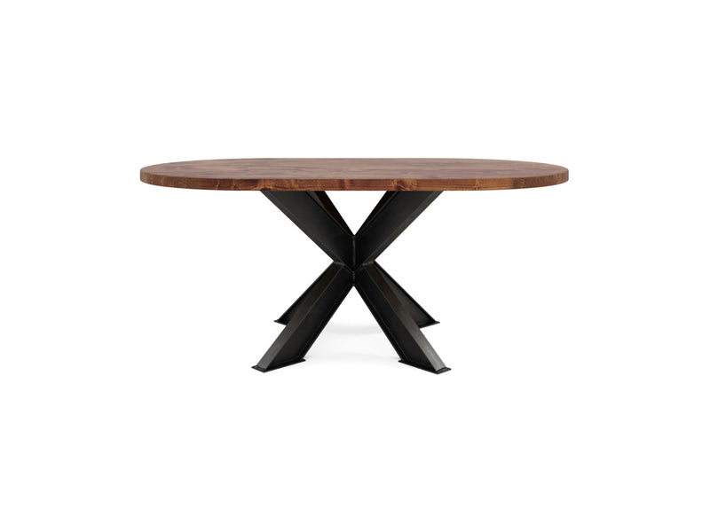 The Shiloh Oval Dining Table - Tuscany by James+James features a modern, smooth, dark brown wooden top with an elegant oval shape. Its distinctive black metal base comprises four legs forming an intricate X pattern. The table's clean, minimalist design stands out against a plain white background.