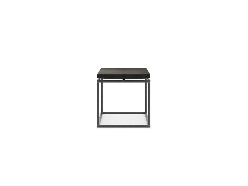 The Floating Top End Table - Charred Ember by James+James is a minimalist black side table with a square top and an open metal frame. Its modern, geometric design features clean lines and a sleek, sophisticated appearance. The tabletop looks to be made of a dark material, potentially wood or stone.