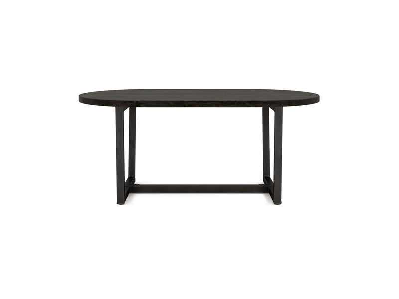 Introducing the Trapezoid Oval Dining Table - Charred Ember by James+James, featuring a dark wood top with a smooth surface. This stylish piece is supported by a black metal base that boasts two legs on each side, connected by a horizontal bar at the bottom. The design is simple and modern, perfect for any contemporary dining space.