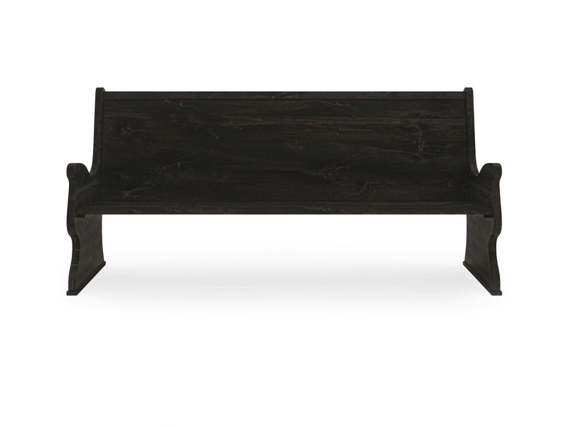 The Rustic Church Pew Bench - Charred Ember by James+James is a dark wooden bench featuring a backrest and armrests on both sides, evoking the design of a traditional church pew. Its simple and sturdy construction is highlighted against a white background.