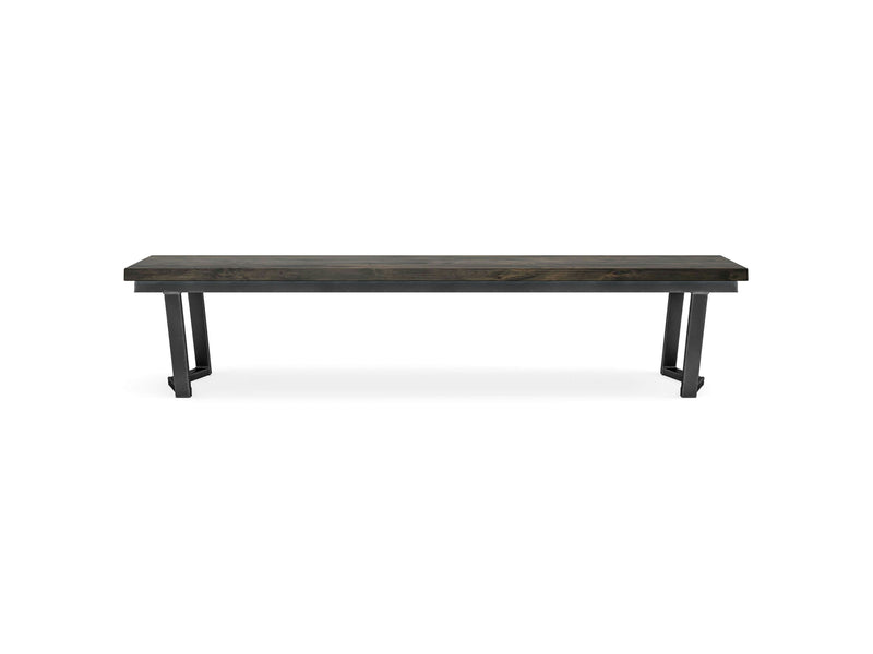 The Arkwright Bench - Deep Grey by James+James features a broad, dark wooden seat with a natural wood grain finish. Its minimalist design is supported by four sleek, black metal legs, giving it a modern and simple overall appearance.