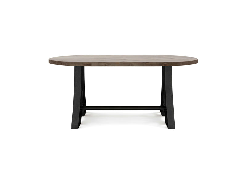 The Wishbone Oval Dining Table by James+James features a barn wood surface in light brown and a black trestle base. This modern, clean design accommodates several people comfortably. The image showcases the table against a white background.