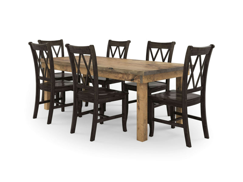 A James & James Farmhouse & Double X-Back Dining Set, featuring a Harvest Wheat wooden dining table with a natural finish and six accompanying Charred Ember Double X-Back Dining Chairs, showcases a rustic and sturdy design set against a plain white background.