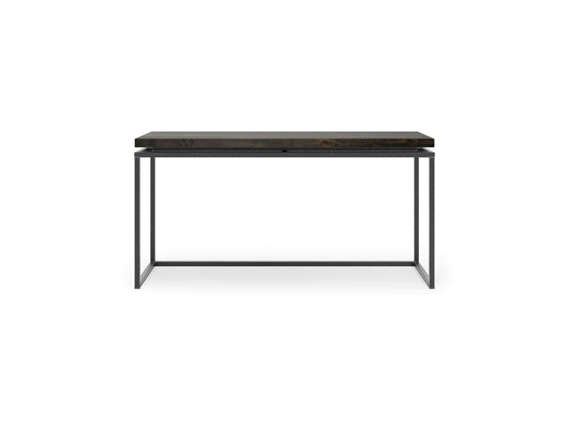 The Floating Top Sofa Table - Deep Grey by James+James features a minimalist rectangular design with a dark, glossy top surface and slim, black metal legs. This modern and sleek table is perfect for a contemporary office or home workspace.