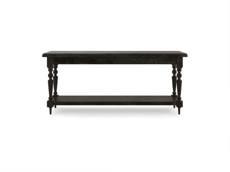 The Ella Sofa Table - Charred Ember by James+James is a black wooden console table with a flat rectangular top and an open lower shelf. This table features four decorative turned legs and boasts a simple, classic design. It is photographed against a plain white background.