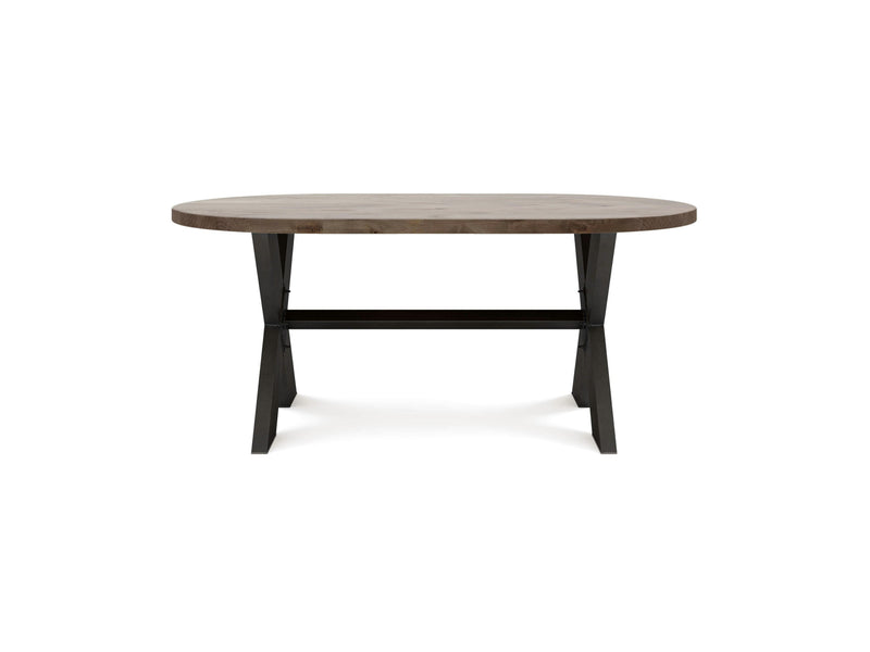 The X-Base Oval Dining Table - Barn Wood by James+James features a smooth top surface with a subtle wood grain texture, supported by a dark, sturdy base with an X-shaped crossbar in the center. It has legs that form an open, triangular framework for added support. The background is plain white.