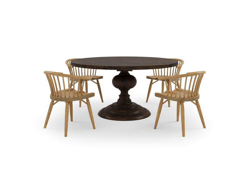 The Josephine & Maria Dining Set by James & James features a dark, wooden Josephine Round Dining Table with an ornate pedestal base, paired with four light wooden Maria Dining Chairs. These spindle-back chairs with their minimalist design beautifully contrast against the table. The entire set pops against a crisp white background, evoking a sense of harvest wheat simplicity.