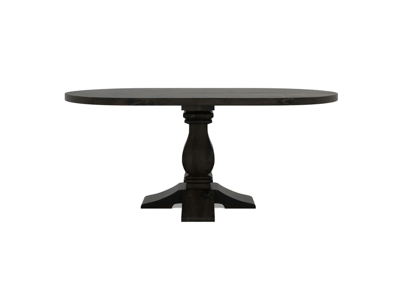 Introducing the Heirloom Oval Dining Table - Charred Ember by James+James: a classic and elegant dark wooden table with an oval top. It features a sturdy, single pedestal base adorned with an ornate design, supported by a four-legged structure.