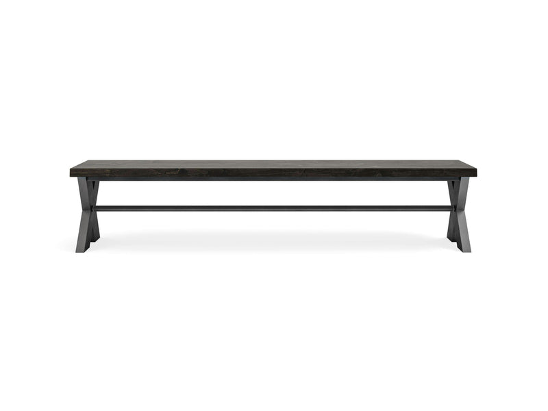 The X-Base Bench - Charred Ember by James+James is a long, rectangular bench featuring a dark wooden top and black x-shaped metal legs, which are reinforced with a horizontal metal bar for added stability. This bench boasts a minimalist and modern design, making it suitable for various interior settings.