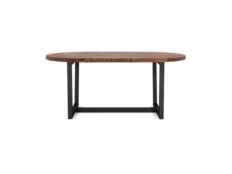 The Trapezoid Oval Dining Table - Tuscany from James+James is an oval-shaped wooden dining table featuring a smooth surface and a dark metal base. The table boasts sturdy, minimalist legs that form a rectangular frame, providing a modern yet rustic look.