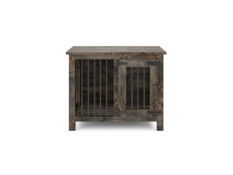 The James+James Single Dog Kennel - Deep Grey is a rustic custom wood kennel crafted from Knotty Alder hardwood, featuring metal bars and a single front door. The wood appears aged and is stained in a deep grey finish, giving it a vintage look. This simple yet functional design is perfect for small to medium-sized dogs.