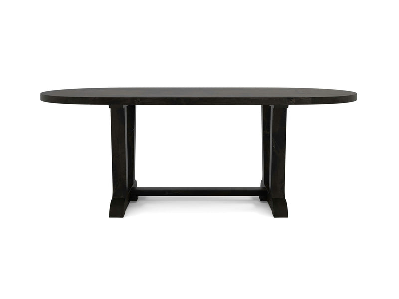 The Thaden Oval Dining Table - Charred Ember by James+James is a black, rectangular dining table with rounded corners and a minimalist design. This modern piece features a solid top supported by two sturdy legs connected by a horizontal support beam, embodying clean and simple lines.