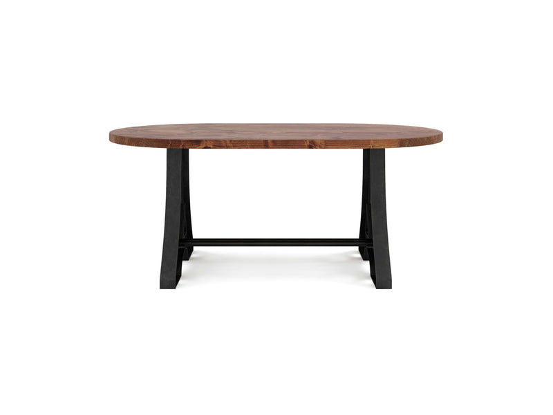 The Wishbone Oval Dining Table - Tuscany by James+James features a sleek wooden tabletop with a dark brown finish. Its contemporary design is supported by a robust black metal frame, and the legs are subtly angled to offer a unique and stylish appearance. The table is set against a plain white background.