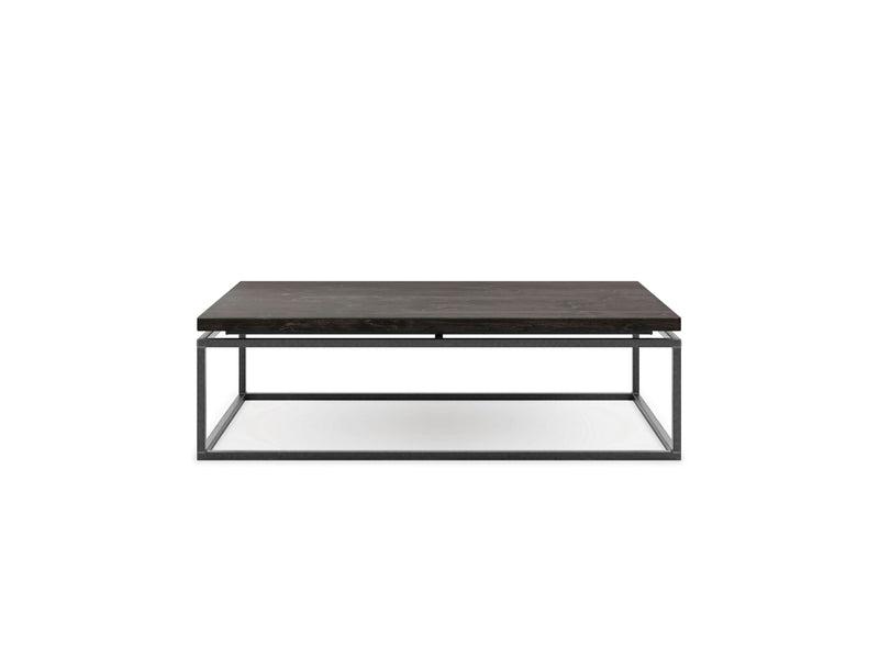 The Floating Top Coffee Table - Charred Ember by James+James features a modern rectangular design with a dark wooden top and a minimalist, open-frame metal base in a sleek black finish. This contemporary table boasts clean lines and is set against a plain white background, enhancing its sophisticated aesthetic.