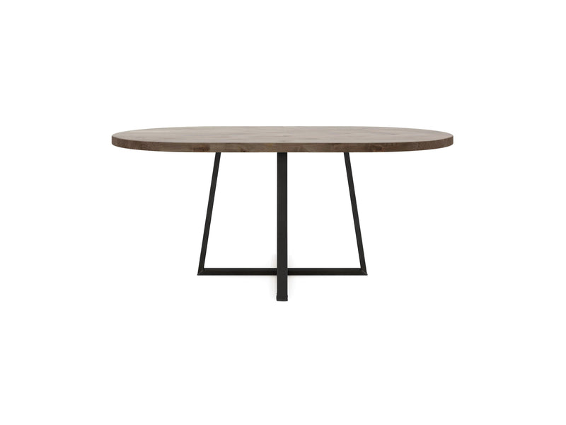 Introducing the Watson Oval Dining Table - Barn Wood by James+James: an elegant piece with a minimalist design, featuring a flat, natural barn wood top paired with a striking black metal base with a geometric cross-shaped structure. This table masterfully combines rustic charm with modern aesthetics against a pristine white background.