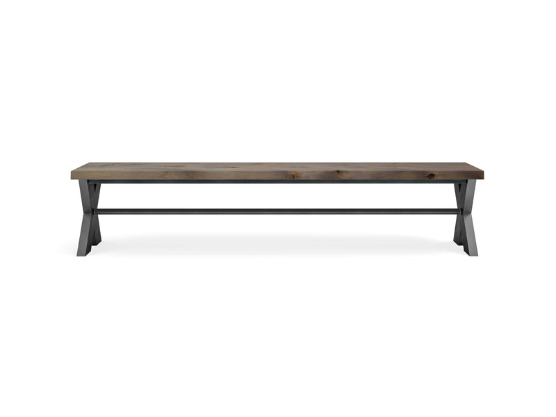 Introducing the X-Base Bench - Barn Wood by James+James. This wooden bench features a simple, rustic design with a natural wood seat and black, X-shaped metal legs. Ideal for both indoor and outdoor use, it seamlessly blends industrial and rustic aesthetics.