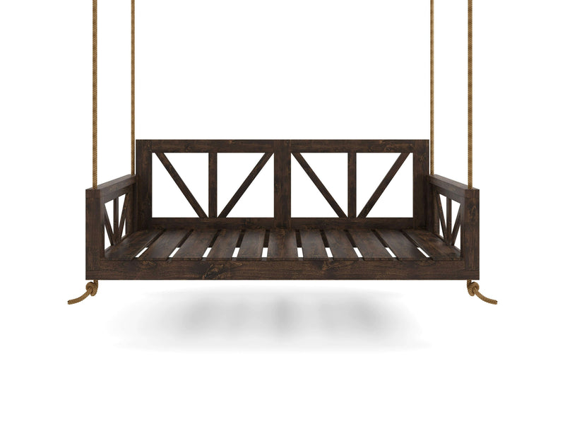 The Avery Porch Swing by James+James features a slatted seat and backrest with a rustic, dark wood finish in tobacco. It is suspended by ropes and supported on both sides for added stability. Set against a plain white background, the swing's simple yet charming design is beautifully highlighted.