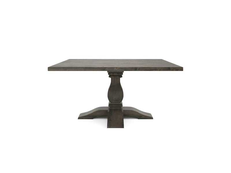 The Heirloom Square Dining Table - Deep Grey by James+James features a dark wood finish with a single, thick pedestal base that ends in four curved legs on the floor. The tabletop boasts visible wood grain patterns, contributing to its rustic and sturdy design.