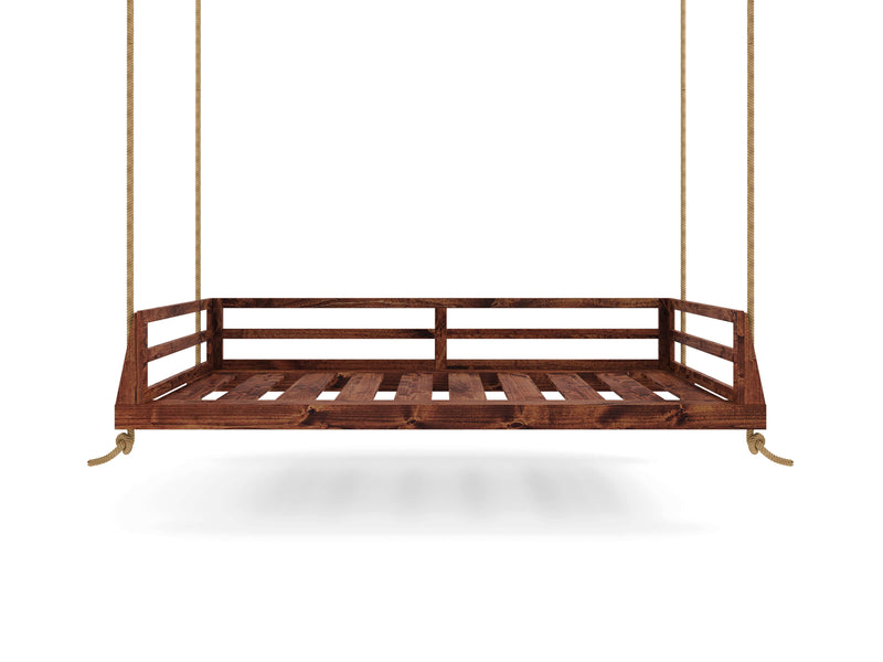 The Piper Porch Swing - Tuscany by James+James is a wooden platform swing featuring slatted sides and a bottom, suspended by sturdy ropes. It boasts a rustic look with a rich, dark brown finish and is showcased against a plain white background.