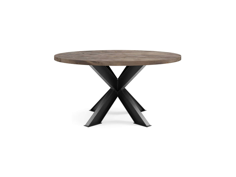 The Shiloh Round Dining Table by James+James features a barn wood surface boasting a natural finish and a thick tabletop. Its standout black metal base, with four angled legs converging into an X-shaped support, blends rustic charm with an industrial aesthetic.