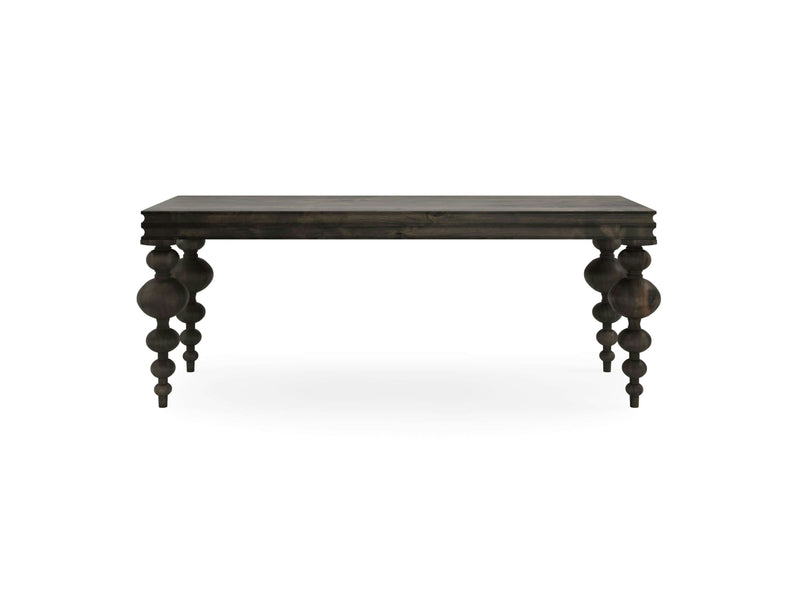 An Olivia Sofa Table - Deep Grey by James+James, featuring a rectangular top and intricate spindle-style legs, positioned against a plain white background. This table boasts a classic and rustic look.