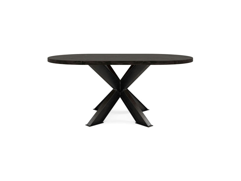 A modern, oval deep grey dining table from James+James, featuring a sleek, smooth surface and a unique cross-legged base design, photographed against a plain white background.