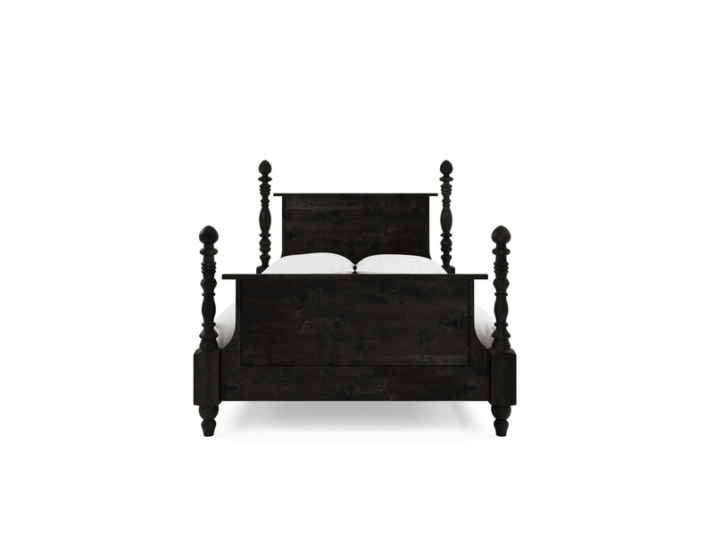 The Catherine Bed - Charred Ember from James+James features an elegant, dark wooden design with an elaborate headboard and footboard accented by turned post details. The bed is dressed in crisp white pillows and a neatly arranged white sheet, showcased against a plain white background.