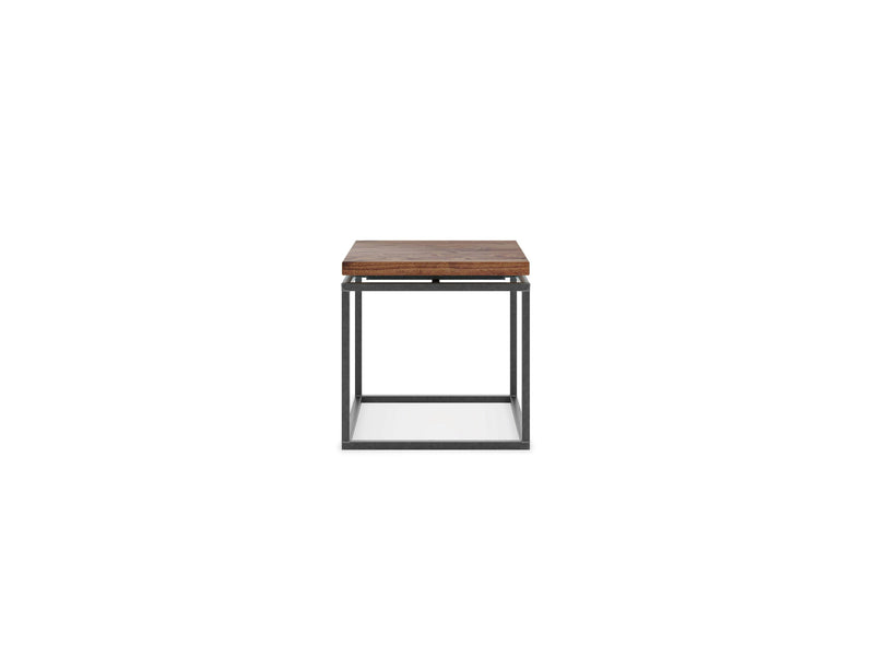 Front view of the James+James Floating Top End Table - Tuscany featuring a square wooden top and a black metal open frame base. The table showcases a clean, minimalist design made of high-quality materials, making it suitable for various interior settings.