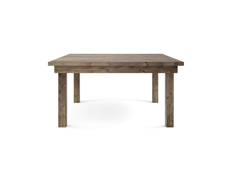 A front-facing view of the Farmhouse Square Dining Table - Barn Wood by James+James. The table features four sturdy legs, a simple yet rustic design with visible wood grain patterns, and a natural finish.