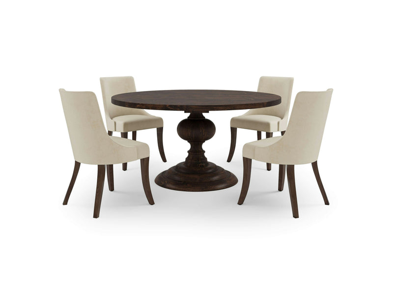 The Josephine & Willow Dining Set by James & James boasts a dark wooden finish on the round table, adorned with an ornate pedestal base, and is perfectly complemented by four cream-colored Willow Dining Chairs. Handcrafted in the USA, this elegant set stands out beautifully against a white background.