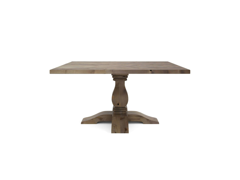 The Heirloom Square Dining Table - Barn Wood by James+James is a square wooden table with a light natural finish, featuring a carved single pedestal base with four curved legs for support. The design is simple yet elegant, suitable for dining or use in a variety of interior settings.