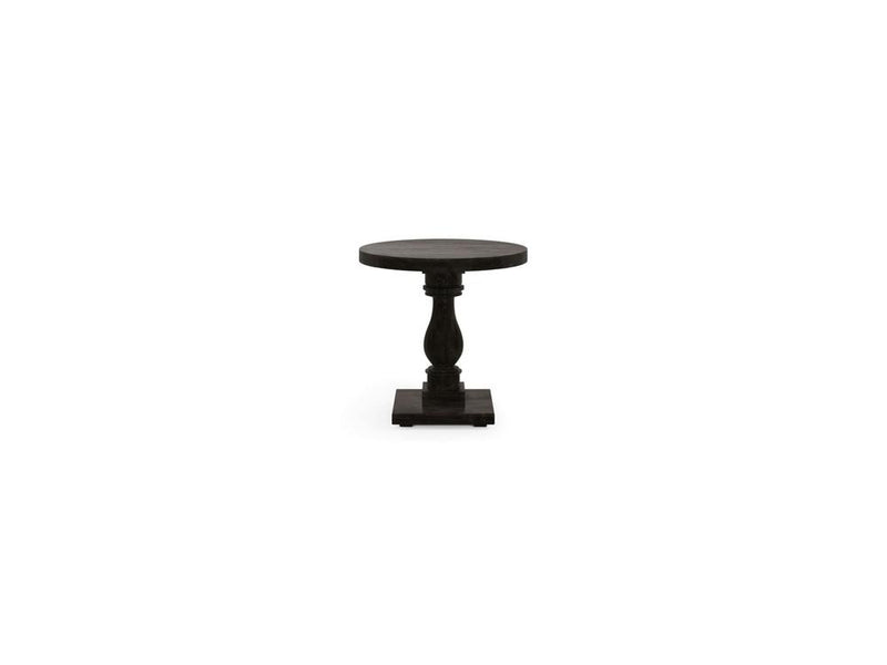 Introducing the Vivien Side Table - Charred Ember by James+James: a small, round pedestal side table crafted from black wood. It features a decorative turned central column and rests on a square base, exuding a classic and elegant charm. The table is presented against a white background.