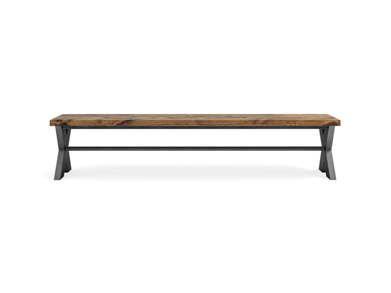 The X-Base Bench - Tuscany from James+James is a rectangular wooden bench featuring black metal legs and an additional crossbar for support. It sports a simple, rustic design and is photographed against a white background.