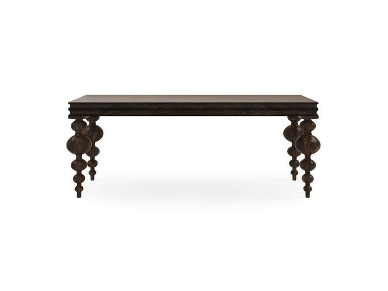 An Olivia Sofa Table in Tobacco by James+James, featuring a dark wooden rectangular design with intricately carved, rounded, and twisted legs. It is viewed from the front against a white background and has a flat, smooth surface with slightly beveled edges.