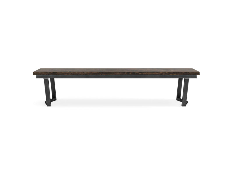 The Arkwright Bench - Tobacco by James+James is a minimalist bench featuring a dark wooden seat paired with black metal legs. Its design is modern and sleek, showcasing simple, clean lines with sturdy construction. The provided image places the bench against a plain white background.