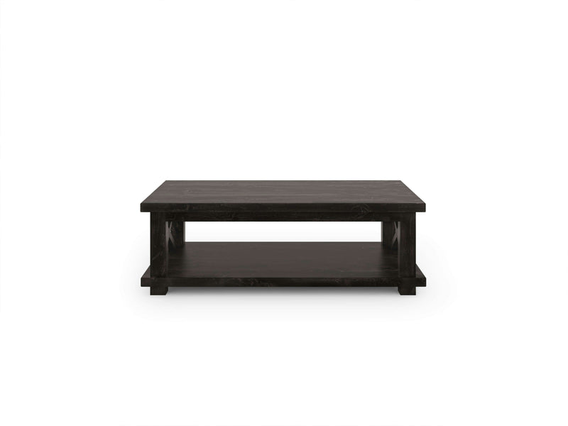 The Carter X Coffee Table - Charred Ember by James+James is a rectangular, dark-colored wooden table with a minimalist design. It features a lower shelf for additional storage, supported by sturdy legs. The table's smooth surface and clean lines provide a modern look. The background is plain white.