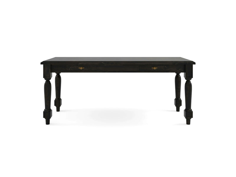 Introducing the Rosemary Desk - Charred Ember by James+James, a robust black wooden table featuring a rectangular surface and elegantly turned legs. This versatile desk includes two small drawers on the front, each adorned with gold-colored knobs, offering both practicality and style. Its simple yet functional design makes it an ideal choice for dining or workspace use.