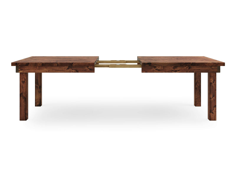 The Farmhouse Expandable Dining Table - Tuscany by James+James is a wooden dining table with a rich dark brown finish. The table is shown with its two main sections separated, revealing the extension mechanism in the middle. It features a simple, rectangular design with straight, sturdy legs, all set against a plain white background.